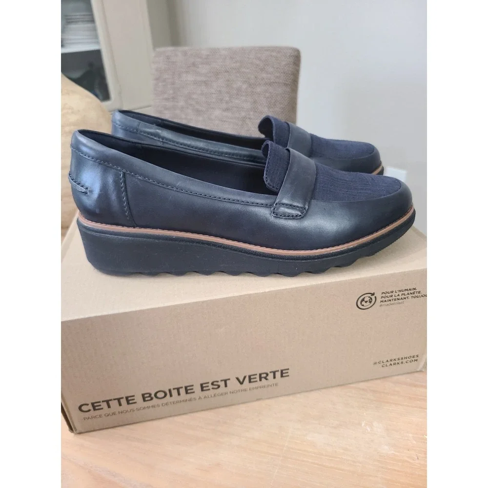 Clarks Sharon Graci Wedge Loafers Womens 10 Navy Leather Plaid Comfort shoes
